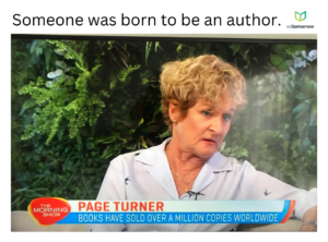 image: Page Turner (name in chyron) sits during interview. header for meme reads: someone was born to be an author
